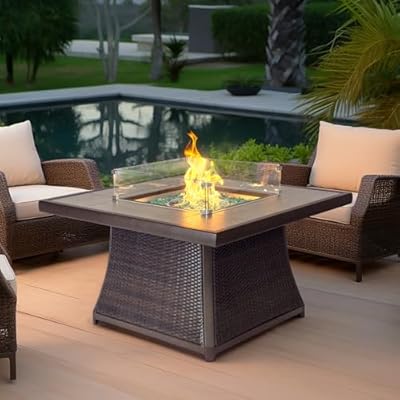 42" Outdoor Fire Pit Table for Patio Square 50,000 BTU CSA Certified Propane Gas Fire Pit with Wicker Base Ceramic Tile Top and Lid&Wind Guard for Garden, Backyard, and Deck Parties