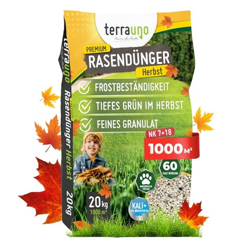 TerraUno Premium Herbstdünger Rasen, gesunder Rasen verdrängt Moos & Unkraut, Rasendünger Herbst mit 60 Tage Langzeitwirkung, 20 kg für 1000 m², Herbstrasendünger, Sofortwirkung, extra starkes Grün