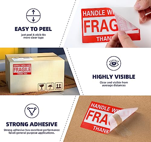 Image of 3 x 5 Inch Fragile Stickers Handle with Care 500 Permanent Adhesive Fragile Stickers for Shipping Moving Glass Commercial Grade Fragile Labels (1 Roll, 500 Labels)
