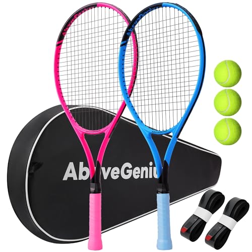 AboveGenius Neon Pink & Blue Tennis Rackets 2 Pack for Adults- 27' Lightweight Aluminum Tennis Racquet Set with 3 Balls & Bag - Stylish Matte Pop-Color Starter Kit for Couples & Friends