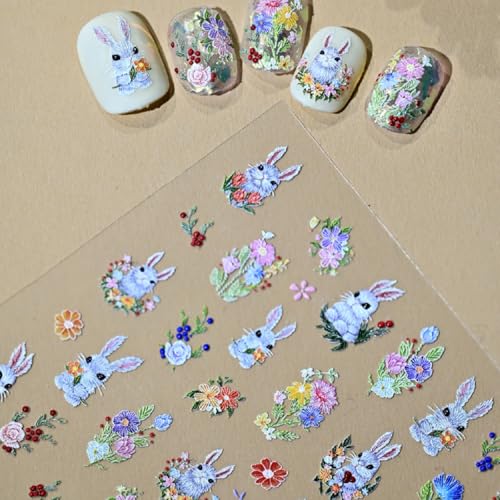 Image of Rabbit Nail Stickers for Nail Art Flower Nails Decals 5D Embossed with Design Self Adhesive Nails Charms for Women Cute DIY Decoration Accessories Supplies