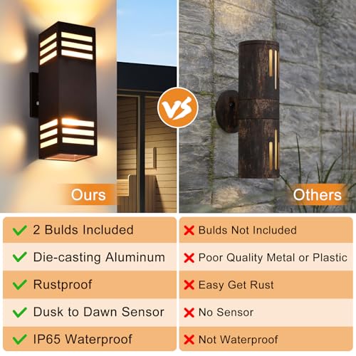 Image of Housen Solutions LED Dusk to Dawn Outdoor Lighting 2 Pack, Up Down Outdoor Wall Lights with Bulbs, IP65 Waterproof Sensor Exterior Light Fixture Wall Sconce for Porch, Bronze