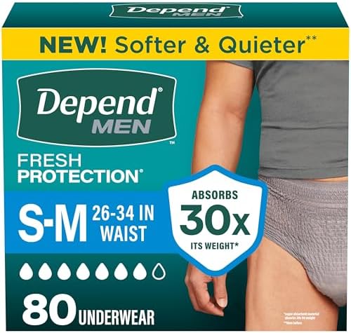 Depend FIT-Flex Incontinence Underwear Men, Maximum Absorbency, Grey, Small/Medium, 80 Count