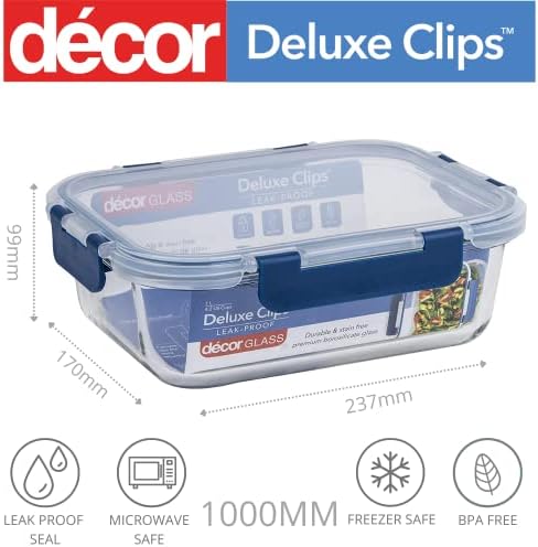 Décor deluxe clip oblong glass tupperware food storage container with lid, bpa-free leakproof glass meal prep container | dishwasher, freezer & microwave safe, clear/blue, 1000ml