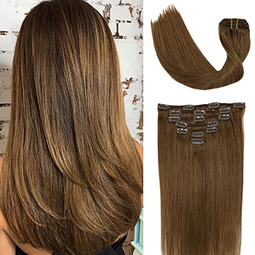 7 Pieces 15 inch 70g Color #8 Ash Brown Seamless Hair Extensions Clip in Human Hair Extensions Straight Real Human Hair Clip on Skin Weft Remy Hair Extensions