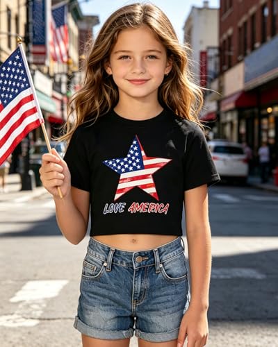 Image of Tkria Girl Crop Tops July 4th Crewneck Tshirt American Flag Patriotic USA Flag Girls Outfit Clothes Size 6-14