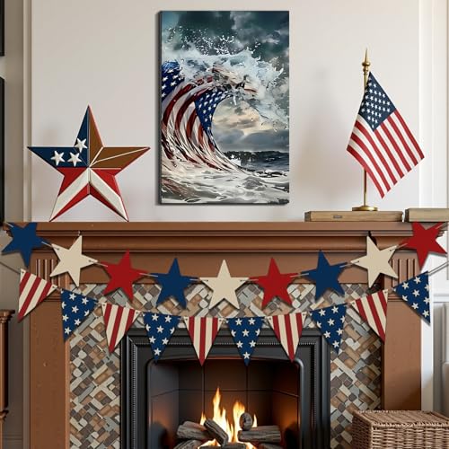Image of Framed American Flag Ocean Wave Wall Art, Patriotic Abstract Canvas Art Pictures, USA Flag Wall Decor, Made in USA Ready to Hang for Living Room Bar