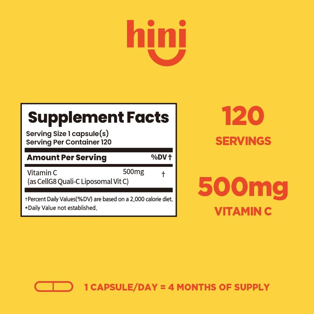 HINI Liposomal Vitamin C 500mg - High Absorption Vitamin C Capsules for Daily Wellness, Organic, 1 per Serving, 120 Capsules