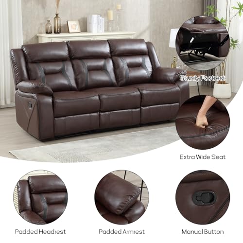 Image of EBELLO Faux Leather Manual Reclining Sofa, 3 Seat Recliner Sofa Chair, Couch Furniture for Living Room, Furniture, Meeting Room, Dark Brown (3 Seat Sofa)