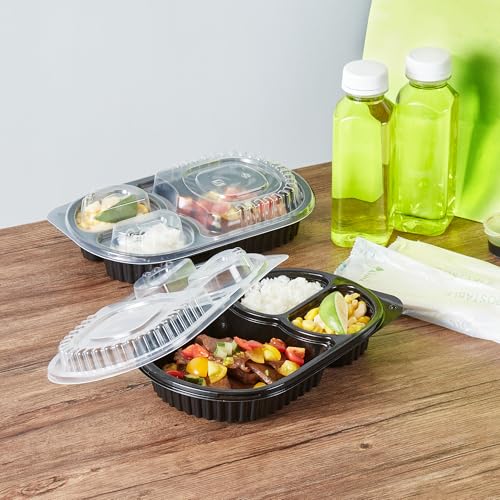 Image of Restaurantware-RW Base 19 Ounce Meal Prep Containers, 100 Microwavable To Go Containers With Lids - 3 Compartments, Disposable, Black Plastic Oval Food Containers, For Hot And Cold Food, Freezable