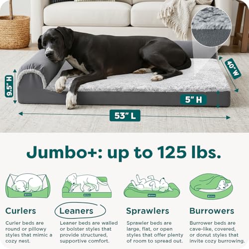 Image of Furhaven Orthopedic Dog Bed for Large Dogs w / Removable Bolsters & Washable Cover, For Dogs Up to 125 lbs - Two-Tone Plush Faux Fur & Suede L Shaped Chaise - Stone Gray, Jumbo Plus /XXL