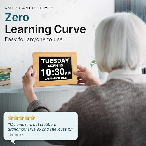 Image of American Lifetime New 2026 Dementia Clock Large Digital Clock for Seniors, Alzeimer Clock Large Display with Custom Alarms, Clock with Day & Date for Elderly, Digital Calendar Premium Light Wood