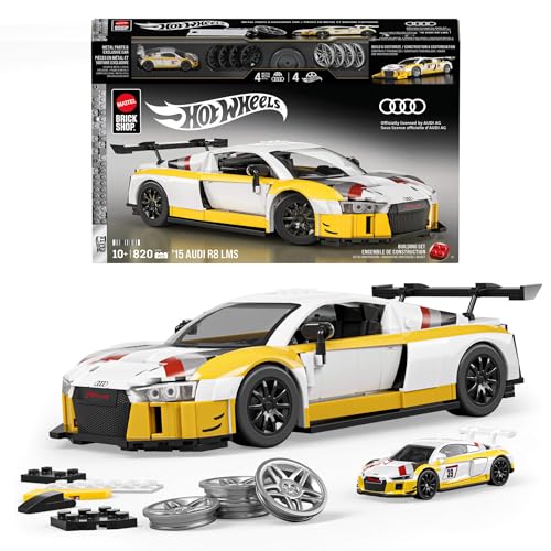 Mattel Brick Shop Hot Wheels Elite Series Juego de construcción del Audi R8 LMS de 2015 con 820piezas, Detalles realistas y Pegatinas para personalizarlo, JFT18