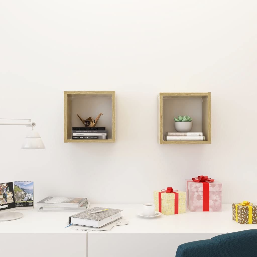 Scaffalature, mensole da parete e sporgenze, mensole cubiche da parete, 2 pezzi, rovere Sonoma, 26 x 15 x 26 cm