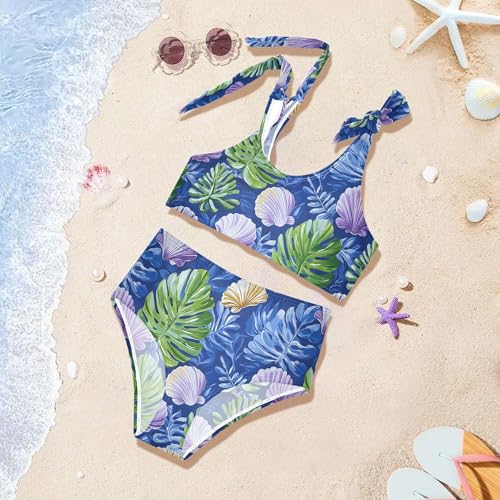 JUNZAN Dark Color Shell Art Tropical Leaves Girl Bathing Suits High Waisted 2 Piece Swimwear Youth Girls Tankini Swimsuit 3T4