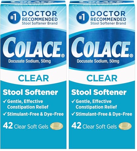 Colace Clear Stool Softener Soft Gel Capsules Constipation Relief 50mg Docusate Sodium Doctor Recommended 42ct (Pack of 2)