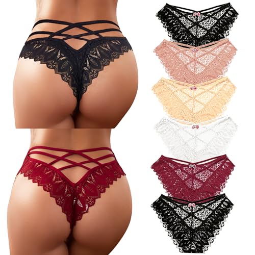 Zhiaek Pack de 6 Culotte Femme Sexy Chic Tanga Dentelle Taille Basse String Ficelle Ultra Minces sous Vetement Stretch Bikini Slips Lingerie Shorty