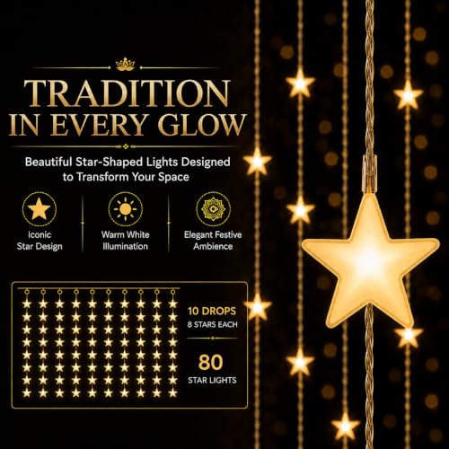 Image of Gesto Star Curtain Fairy Lights for Decoration - 80 Led String Lights with 8 Modes Changer | Warm White Decorative Lights for Home Decor, Room,Wall, Balcony, Christmas & Diwali Decoration- 10x3 Ft
