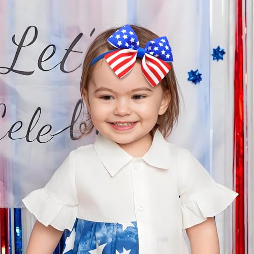 4th of July Baby Bows for Girls Patriotic Headband American Flag Star Bow Hair Ribbon Bow for Toddler Newborn Elastic Nylon Hair Accessories Red Blue2