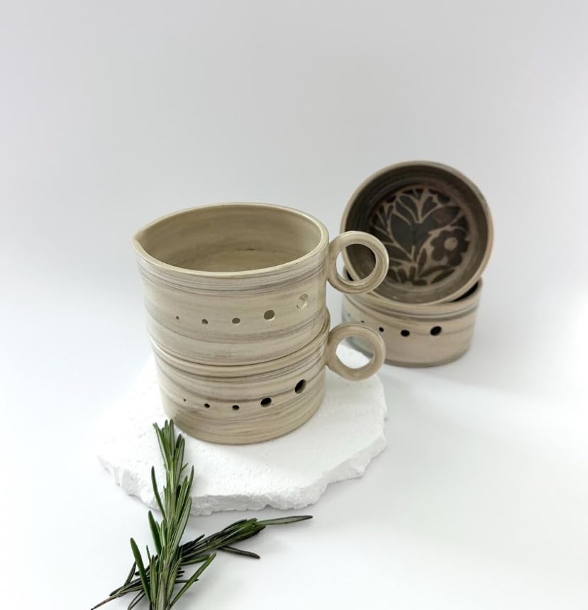 Handmade Ceramic Herb Stripper Bowl with Multi-Size Holes – Kitchen Herb Leaf Remover Tool for Kale, Thyme, Dill & Rosemary, Decorative Cooking Tool, Mother’s Day Kitchen Gift (Handle-less)