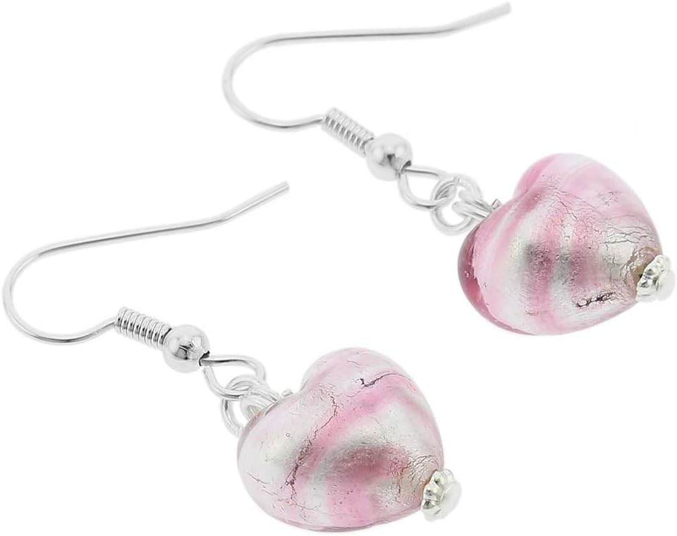 Glass Of Venice Murano Glass Heart Earrings - Striped Silver Pink
