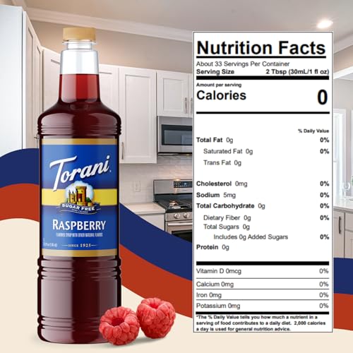 Image of Torani Sugar Free Raspberry Syrup 1 Liter with Pump - Keto & Gluten Free