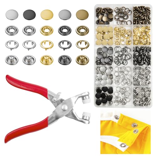 GTAAOY 100 Sets 9.5mm Metal Snaps Buttons with Fastener Pliers Press Tool Kit Perfect for Baby Crafts Clothes Hats and Sewing, Snap Button Fasteners Kit for Baby Clothing Sewing