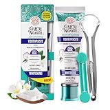 GuruNanda Hydroxyapatite Toothpaste for Whitening with Neem & Xylitol, SLS & Fluoride Free Formula with Tongue Scraper & Squeezer - Freshens Breath, Fights Plaque - Natural CocoMint Jasmine, 4.2oz