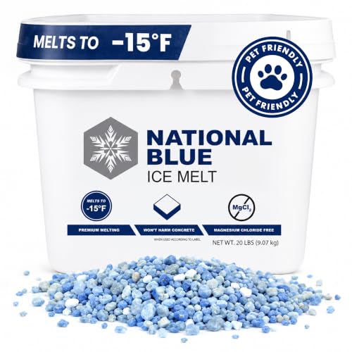 National Blue Ice Melt and Snow Salt 20lb Bucket - Fast Acting Ice Melter - Pet, Plant and Concrete Friendly, Environmentally Safe - Free of Magnesium Chloride - Melts to -15°F
