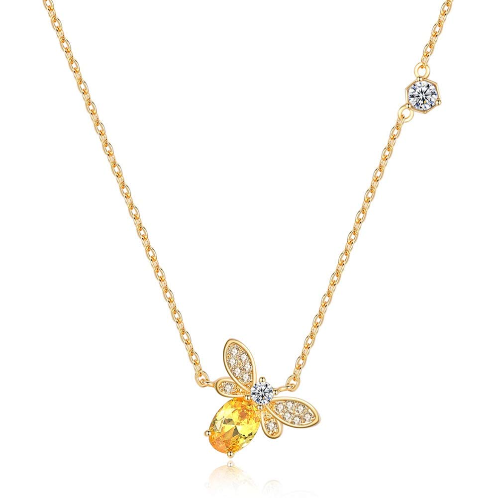 AILUOR Tiny Cute Gold Bee Necklace, Fashion Charm Topaz Crystal Rhinestone Honeybee Bumble Bee Pendant Jewelry Women Gifts