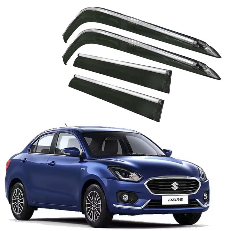 Image of CAR SAAZ Side Door Visors for Swift Dzire Type 4-5(2018-2020)(Set of 4Pcs)|Chrome Lined Rain Guards, Polycarbonate, Smoke Finish