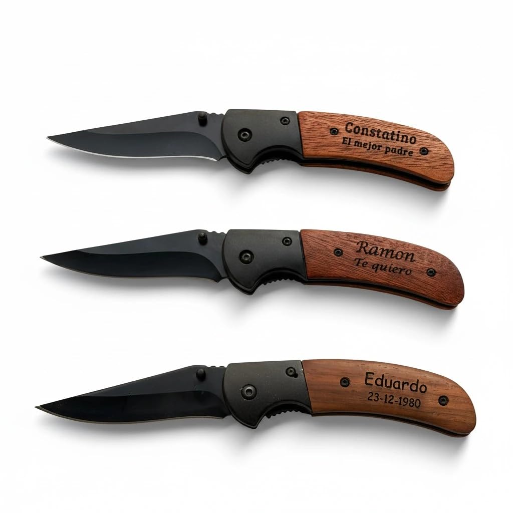 regalo grabado Navaja Personalizada de Acero Negro y Madera con Funda 11 cm | Navaja de bolsillo 11 cm, Grabado láser de texto personalizado, Acero inoxidable negro y cacha de madera, Funda incluida