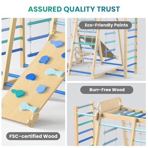 Image of BlueWood Upgraded Indoor Jungle Gym 9-in-1 Playground Kids Climbing Toys, Waldorf Style Wooden Climber Playset with Slide, Swing, Monkey Bars, Upright /Rope Ladder, Climb Net, Blue