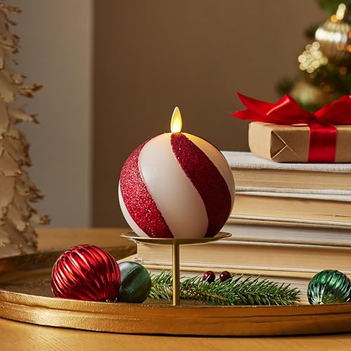 Image of Luminara - Flameless Holiday Crystal Beads Glitter Sphere Candle - Candy Cane Red - Pack of 1-4x4.25 - Auto Timer Built-in 5-Hour Timer Indoor Use