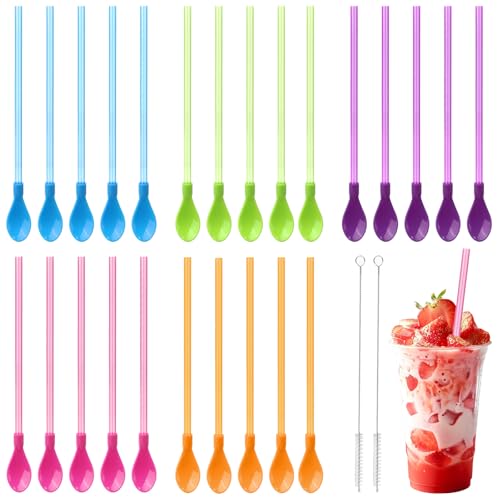 25 Stück Strohhalm Löffel Plastik Bunt Slush Strohhalme mit 2 Strohbürsten Wiederverwendbare Strohhalmlöffel PP Trinkhalm Löffel Löffelhalme Trinklöffel Plastik für Cocktails Smoothies Milchshakes