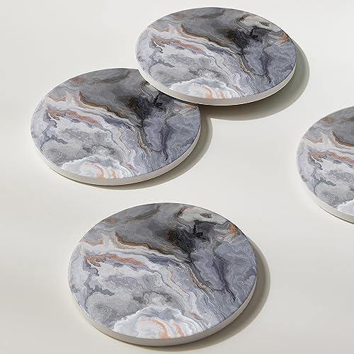 Image of Set of 6 Abstract Dark Blue Marble Coasters with Holder, Absorbent Ceramic Coasters for Drinks, Coasters with Cork Backing for Table Protection, Housewarming Gifts for New Home