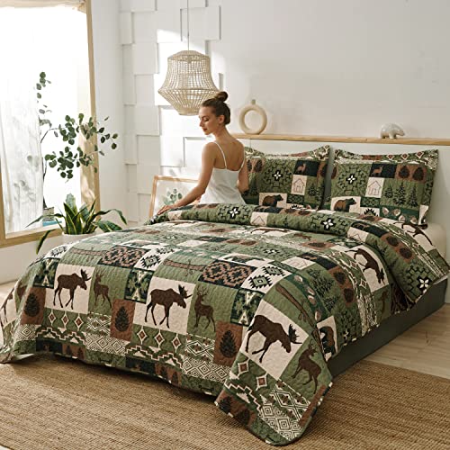 Lodge Bedding Set Full/Queen Size Rustic Cabin Quilts Moose Bear Bedspread Cottage Coverlet Soft Lightweight All Season Country Bed Set, 1 Quilt 2 Pillow Shams #TOP2