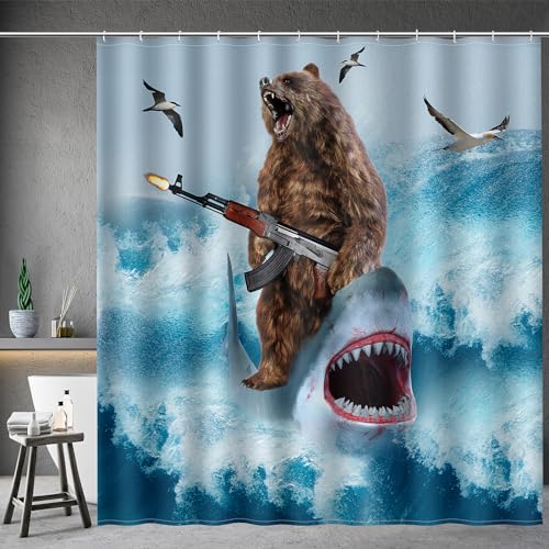 Image of Aimego Long Funny Shower Curtain - Cool Bear Riding Shark Fun Crazy Ocean Wave Fabric Cloth Shower Curtain Set with 12 Hooks Adults Bathroom Decor Accessories Bathtub Curtain, 72 inchx78 inch, Blue Brown