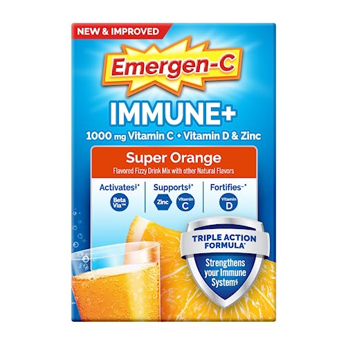 Image of Emergen-C Immune+ Triple Action Immune Support Powder, BetaVia (R), 1000mg Vitamin C, B Vitamins, Vitamin D and Antioxidants, Super Orange, Back to School Essentials - 50 Count, Pack of 6