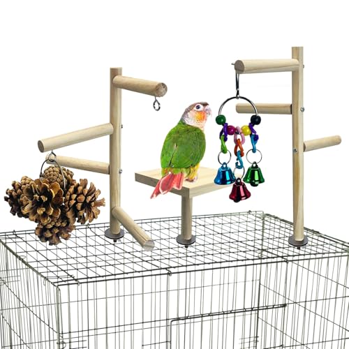 Image of PINVNBY 3 PCS Wooden Small Bird Playground for Top of Cage, Wood Parrot Stands Perch Birds Gym with Hanging Chewing Toys Bird Cage Accessories for Parakeet Conure Love Birds Budgie