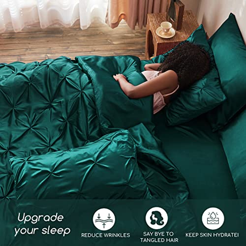 MR&HM Satin Comforter Twin 5 Pieces - Luxurious Pinch Pleat Bedding Set with Comforter, Flat Sheet, Fitted Sheet, Pillowcase & Sham, Super Silky Soft Bed Set for All Season (Twin, Peacock Green)