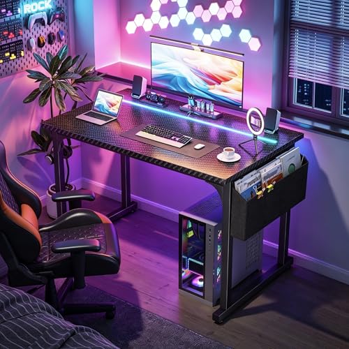 Image of DurayLoly 40 inch Gaming Desk with Waterproof LED Lights, Carbon Fiber Desktop for Small Spaces | Home Office Study Computer Desk with Storage Bag & Headphone Hook, Black