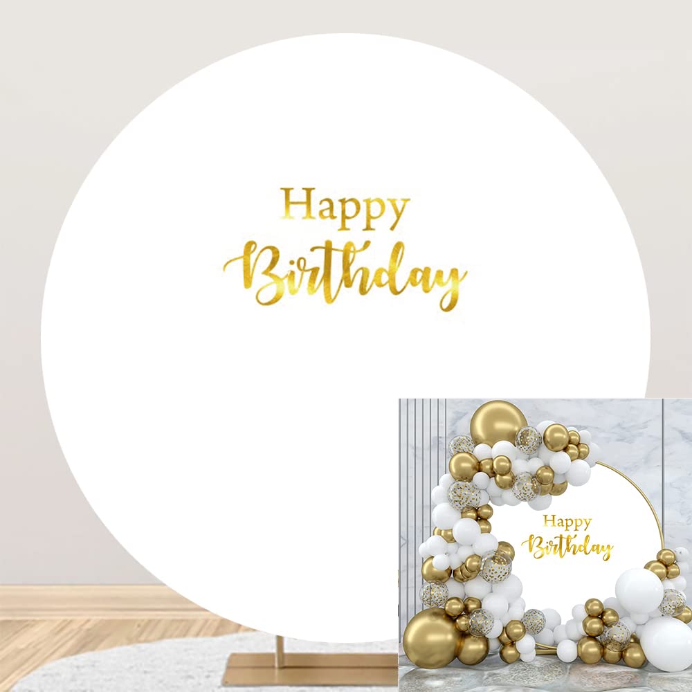 OERJU 5x5ft Happy Birthday Round Backdrop Cover Polyester White Background for Photography Circle Backdrop Cover Baby Shower Birthday Party Decoration