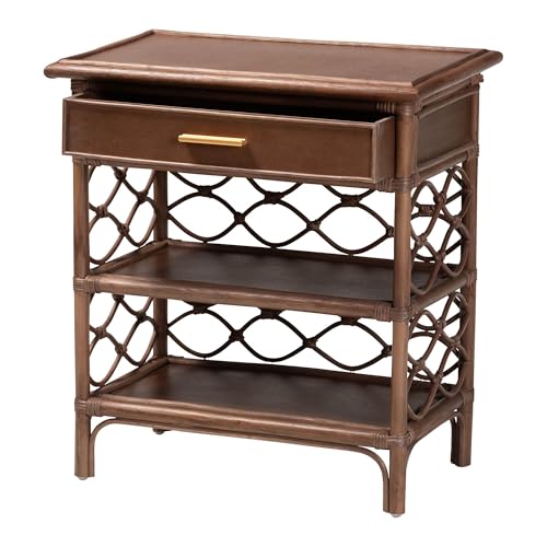 Bali & pari Akane Natural Rattan Nightstand with Drawer and Open Shelves – Coastal Bedside Table with Lattice Design, Brown, 1-Drawer, 24-inch Wide - Image 4