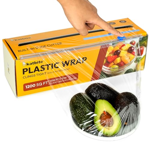 Katbite Plastic Wrap with Removable Slide Cutter, 12inch X 1200 Square Foot, Food Service Clear Film Roll, Thick Enough Stronger Durable Stretch for Daily & Comercial Use