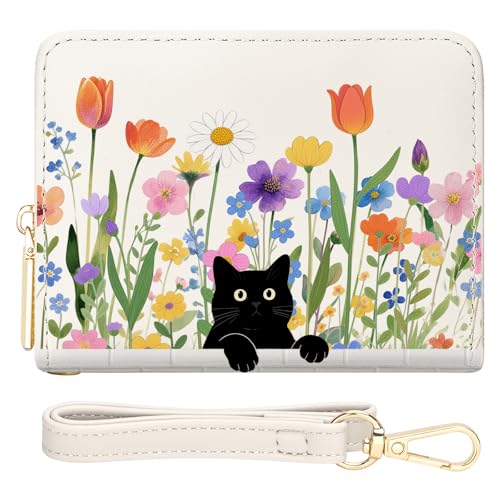 YINHEXI Black Cat Floral Women Wallet, Small Wallets Woman with Accordion Card Holder, Gifts for Lady Girl Cat Lovers - Main Image