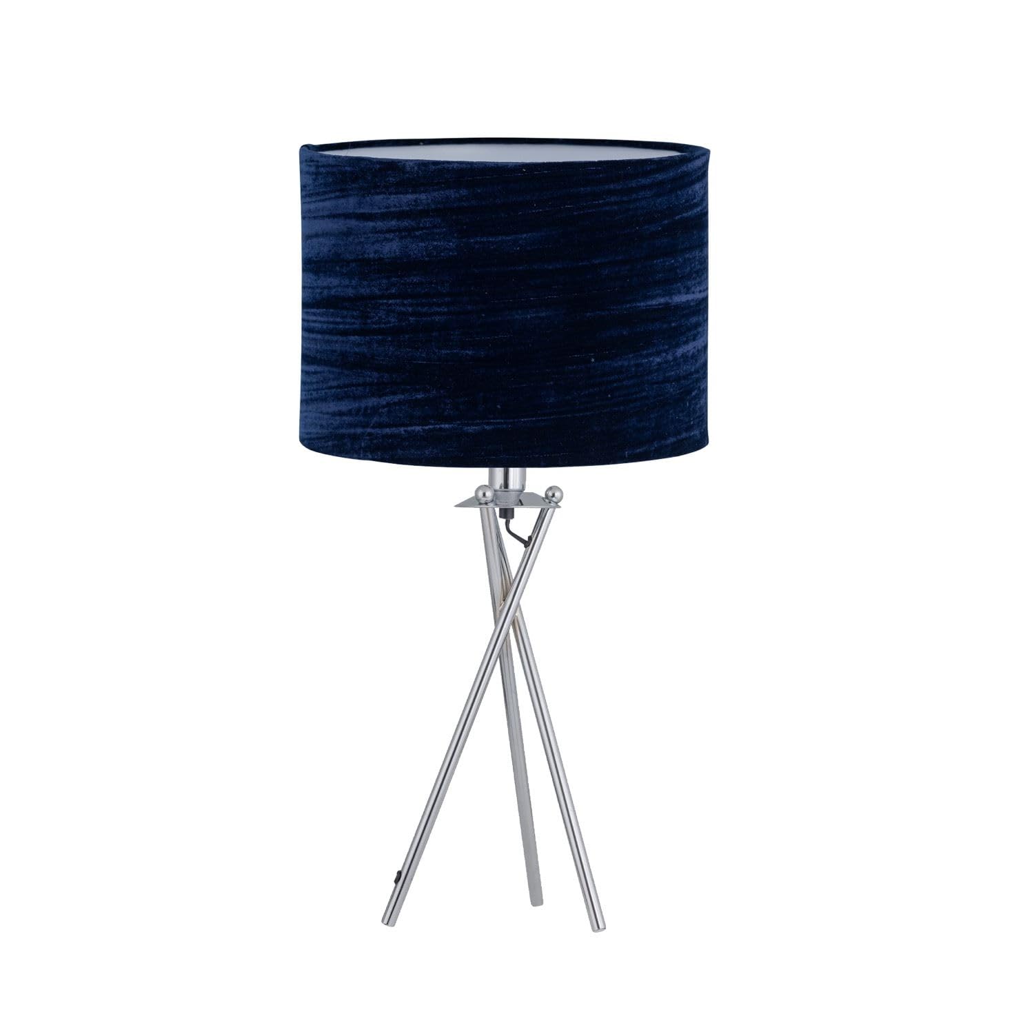 Firstchoicelighting Chrome & Blue Polished Chrome Tripod Table Lamp Or Bedside Light, Modern, Navy Blue Crushed Velvet Shade, Height 52Cm, Led Compatible