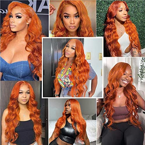 Image of 13X4 Orange Ginger Lace Front Wigs Human Hair Pre Plucked Body Wave Wig Brazilian Colored Human Hair Wigs for Black Women 180% Density HD Lace Frontal Wigs Human Hair (34 Inch)