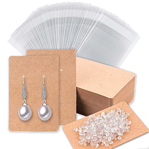 Earring Cards, Set Earring Display Cards with 100 Pcs Earring Holder Cards 200 Pcs Earring Backs and 100 Jewelry Packaging for Earrings Necklace Jewelry Display, Jewelry Bags 3.5x2.4 Inches (Brown)