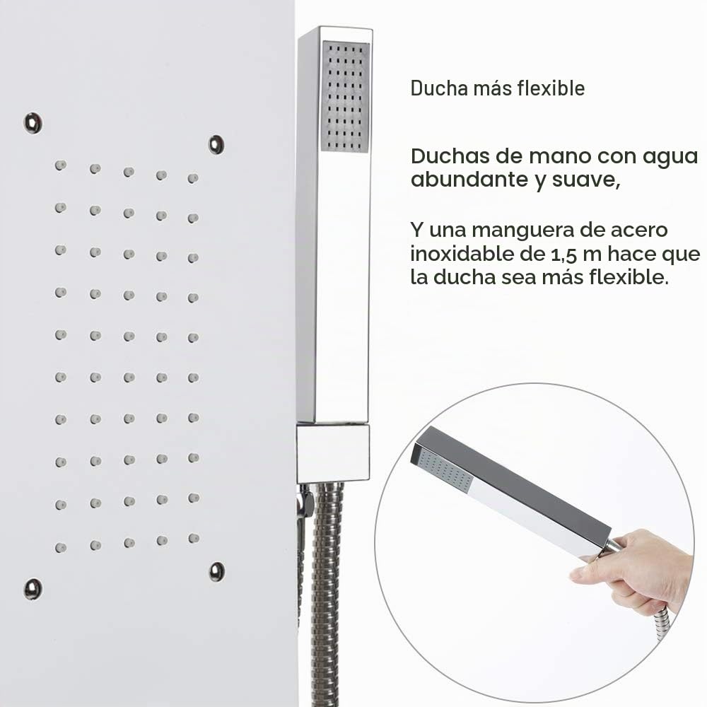 Columna de ducha, panel de ducha LED de acero inoxidable con ducha de mano, cascada y ducha de lluvia, ducha corporal, bajo grifo (Acero inoxidable blanco)
